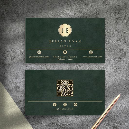 Smaragdgroene Monogram Moderne Scannbare Qr Code Visitekaartje