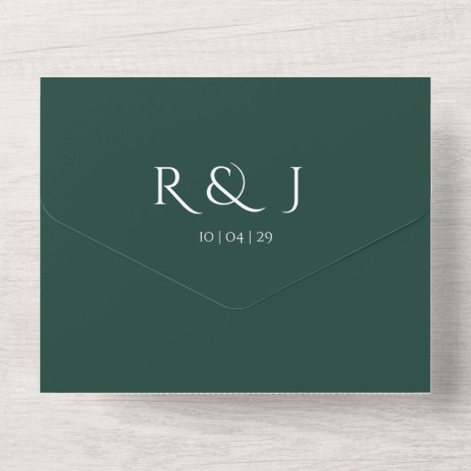 Smaragdgroene Monogram QR-code Trouwdatum All In One Uitnodiging (Achterkant)