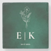 Smaragdgroene Monogram Wilde Bloem Bruiloft Stenen Onderzetter (Voorkant)