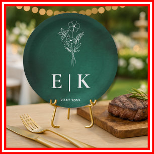 Smaragdgroene Monogram Wilde Bloem Huwelijksfeest Papieren Bordje