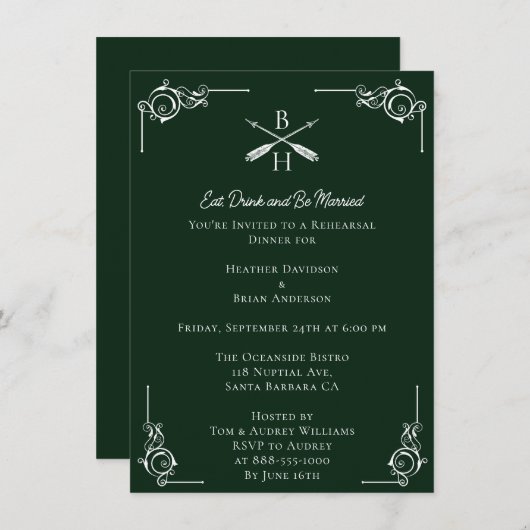 Smaragdgroene monogrammen & pijlen repetitie diner kaart (Voorkant / Achterkant)