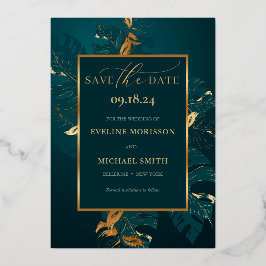 Smaragdgroene monstera goud folie save the date uitnodiging