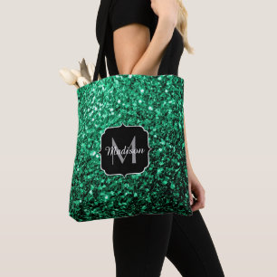 Smaragdgroene nepschittering glinstert Monogram Tote Bag