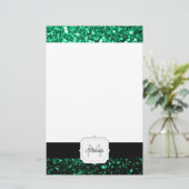 Smaragdgroene nepschittertjes monogram briefpapier (Staand voorkant)