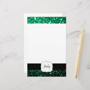 Smaragdgroene nepschittertjes monogram briefpapier