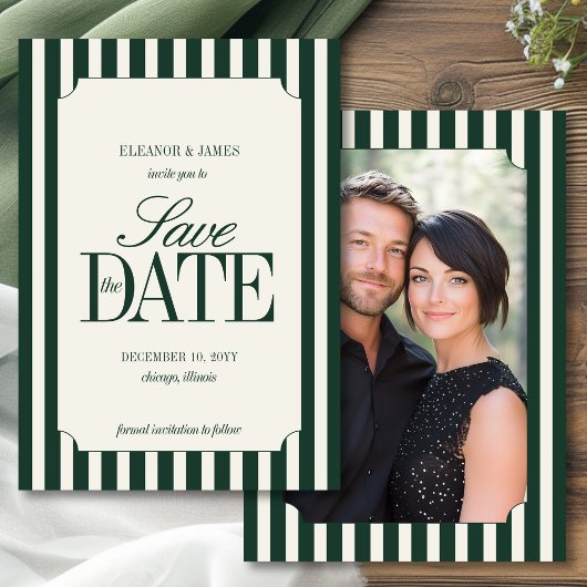 Smaragdgroene Oud Geld Preppy Streep Bruiloft Save The Date
