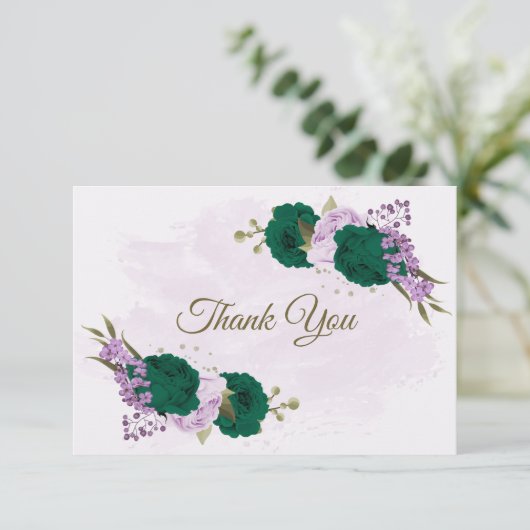 Smaragdgroene paarse bloemen botanische bruiloft bedankkaart (Staand voorkant)