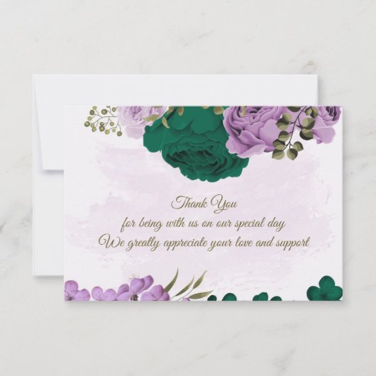 Smaragdgroene paarse bloemen botanische bruiloft bedankkaart (Voorkant)