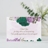 Smaragdgroene paarse bloemen botanische bruiloft bedankkaart (Staand voorkant)