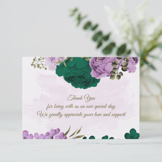 Smaragdgroene paarse bloemen botanische bruiloft bedankkaart (Staand voorkant)