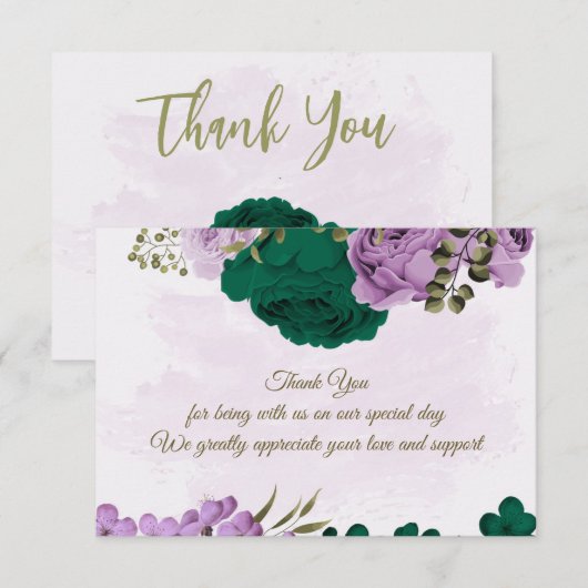 Smaragdgroene paarse bloemen botanische bruiloft bedankkaart (Voorkant / Achterkant)