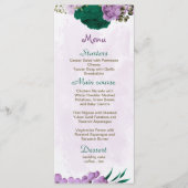 Smaragdgroene paarse bloemen botanische bruiloft menu (Voorkant)