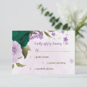 Smaragdgroene paarse bloemen botanische bruiloft RSVP kaartje (Staand voorkant)