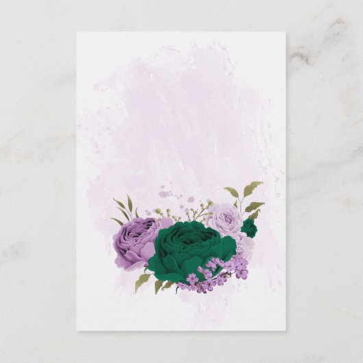 Smaragdgroene paarse bloemen bruiloft details informatiekaartje (Achterkant)