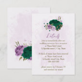 Smaragdgroene paarse bloemen bruiloft details informatiekaartje (Voorkant / Achterkant)