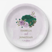 Smaragdgroene paarse bloemen bruiloft papieren bordje (Voorkant)