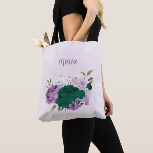 smaragdgroene paarse bloemen tote bag