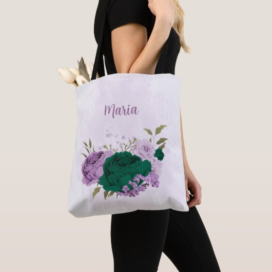 smaragdgroene paarse bloemen tote bag (Dichtbij)