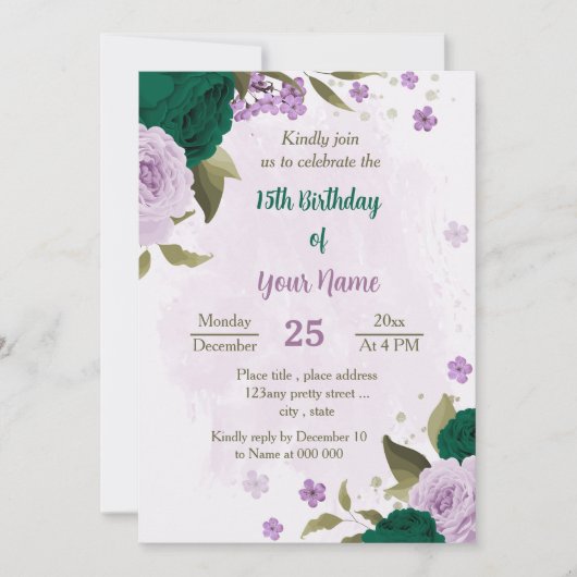 smaragdgroene paarse bloemen verjaardag kaart (Voorkant)