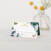 Smaragdgroene paarse seringen bloemstuk Quinceañer Plaatskaartje (Voorkant)