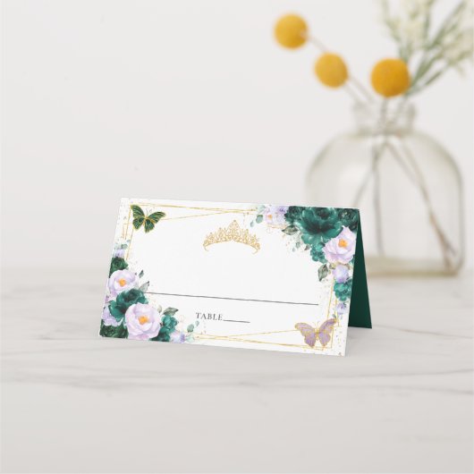 Smaragdgroene paarse seringen bloemstuk Quinceañer Plaatskaartje (Voorkant)