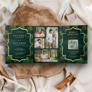 Smaragdgroene Pauwveren QR Code Bruiloft Drieluik Uitnodiging