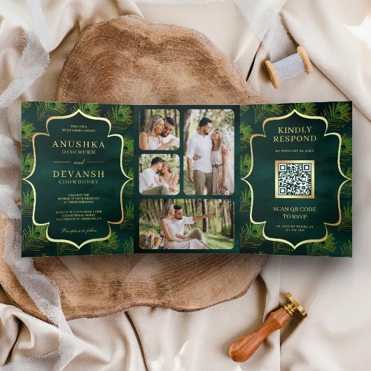 Smaragdgroene Pauwveren QR Code Bruiloft Drieluik Uitnodiging