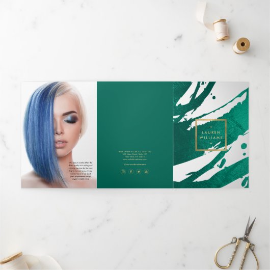 Smaragdgroene penseelstreken Brochure Drieluik Kaart (Buitenkant)