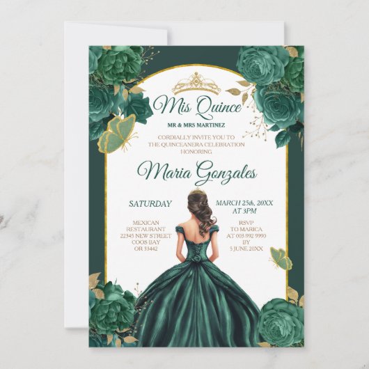 Smaragdgroene prinses Floral Quinceañera Kaart (Voorkant)
