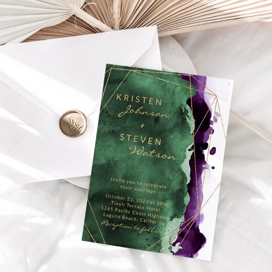 Smaragdgroene & Pruimpaarse Trouw Uitnodiging