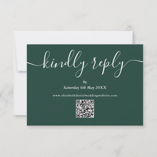 Smaragdgroene QR-code Elegante Script Graag reager RSVP Kaartje (Voorkant)