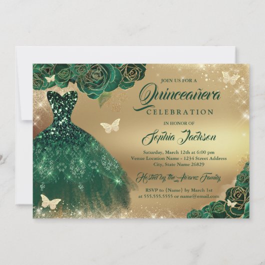 Smaragdgroene Quinceanera Bloem Sparkle Jurk Kaart (Achterkant)