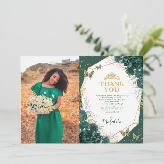 Smaragdgroene Quinceanera Foto Bedankkaart Kaart (Staand voorkant)