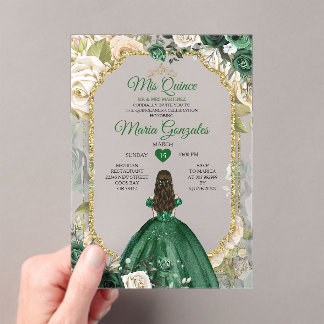 Smaragdgroene Quinceañera Gouden Glitter Bloem Acryl Uitnodigingen