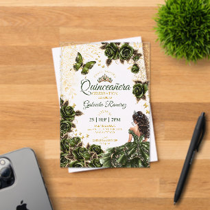 Smaragdgroene Quinceañera Gouden Tiara Rozen Acryl Uitnodigingen