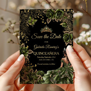 Smaragdgroene Quinceañera Gouden Tiara Vlinder Save The Date