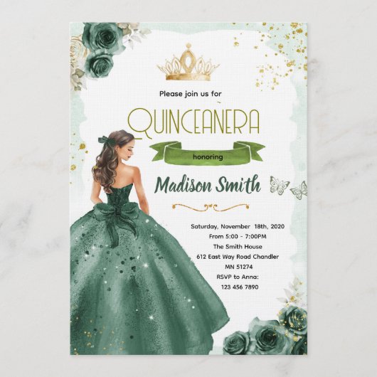 Smaragdgroene quinceañera uitnodiging  (Voorkant)