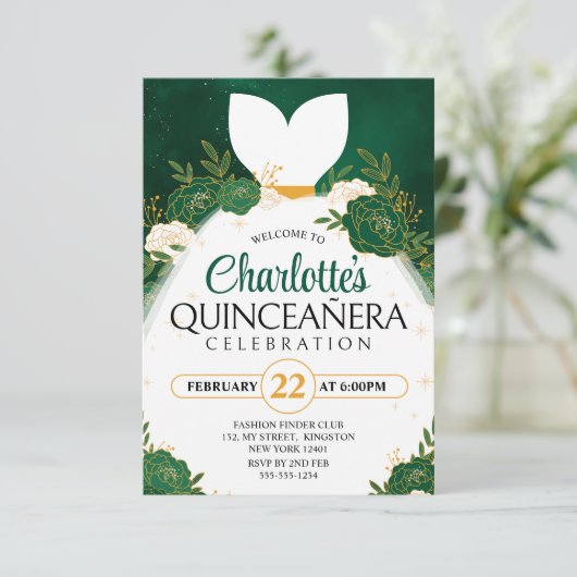 Smaragdgroene Quinceañera﻿ Witte Prinsessenjurk Kaart (Staand voorkant)