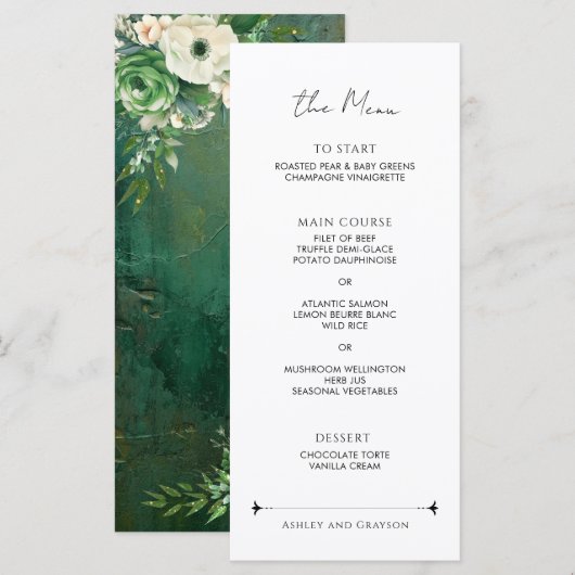 Smaragdgroene Romantische Bloemige Bruiloft Menu (Voorkant / Achterkant)
