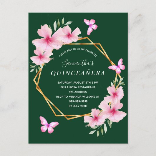 Smaragdgroene roze bloemblaadjes Quinceanera Briefkaart (Voorkant)