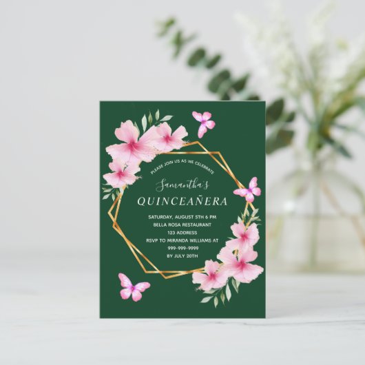 Smaragdgroene roze bloemblaadjes Quinceanera Briefkaart (Staand voorkant)