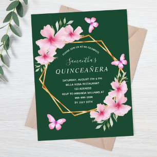 Smaragdgroene roze bloemblaadjes Quinceanera Briefkaart