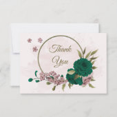 Smaragdgroene roze bloemen botanische bruiloft bedankkaart (Voorkant)