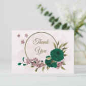 Smaragdgroene roze bloemen botanische bruiloft bedankkaart (Staand voorkant)