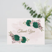 Smaragdgroene roze bloemen botanische bruiloft bedankkaart (Staand voorkant)