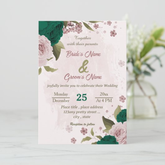 Smaragdgroene roze bloemen botanische bruiloft kaart (Staand voorkant)
