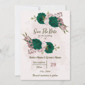 Smaragdgroene roze bloemen botanische bruiloft save the date (Voorkant)