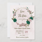 Smaragdgroene roze bloemen botanische bruiloft save the date (Voorkant)