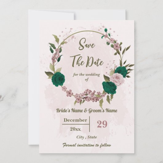 Smaragdgroene roze bloemen botanische bruiloft save the date (Voorkant)