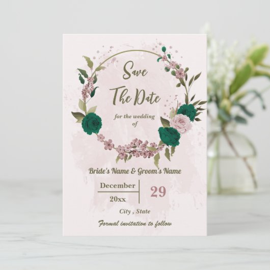 Smaragdgroene roze bloemen botanische bruiloft save the date (Staand voorkant)